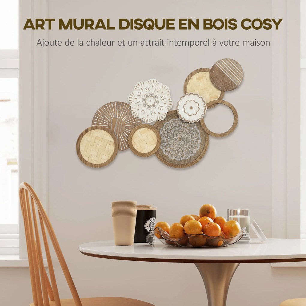 Decoração de parede em madeira, escultura de parede em madeira, design exclusivo com vários discos, 83,8 x 44,5 cm, madeira natural FR