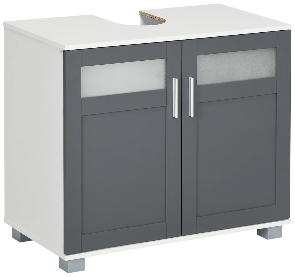 kleankin Móvel para Lavatório Pousar com 2 Portas com Vidro Temperado e Prateleira Ajustável 69x35x59 cm Branco e Cinza | Aosom Portugal