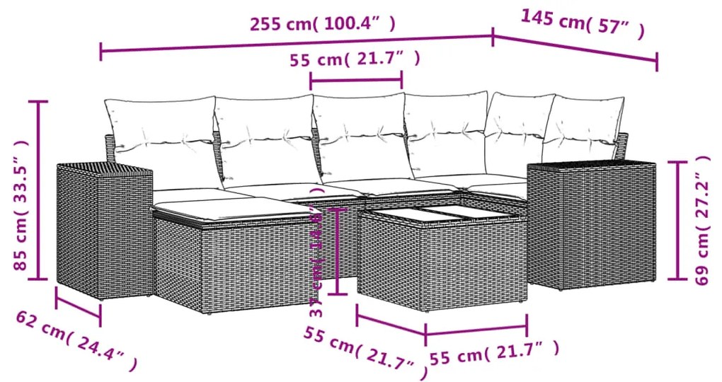 7 pcs conj. sofás jardim com almofadões vime PE cinzento-claro