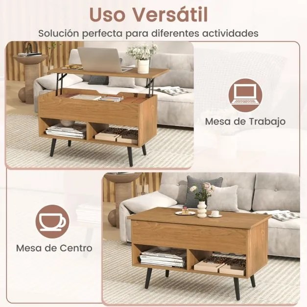 Mesa de centro elevável em madeira 80 x 40 x 44,5 cm com compartimento oculto e 2 prateleiras abertas para sala de estar, sala de recepção ou escritór