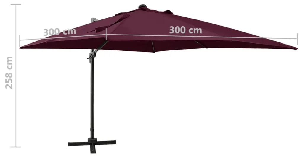 Guarda-sol jardim cantilever c/ poste e luzes LED 300 cm bordô