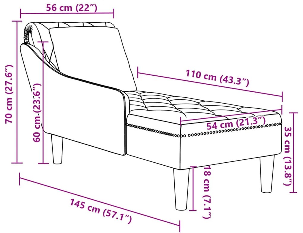 Chaise lounge c/ almofada/apoio de braços direito veludo rosa