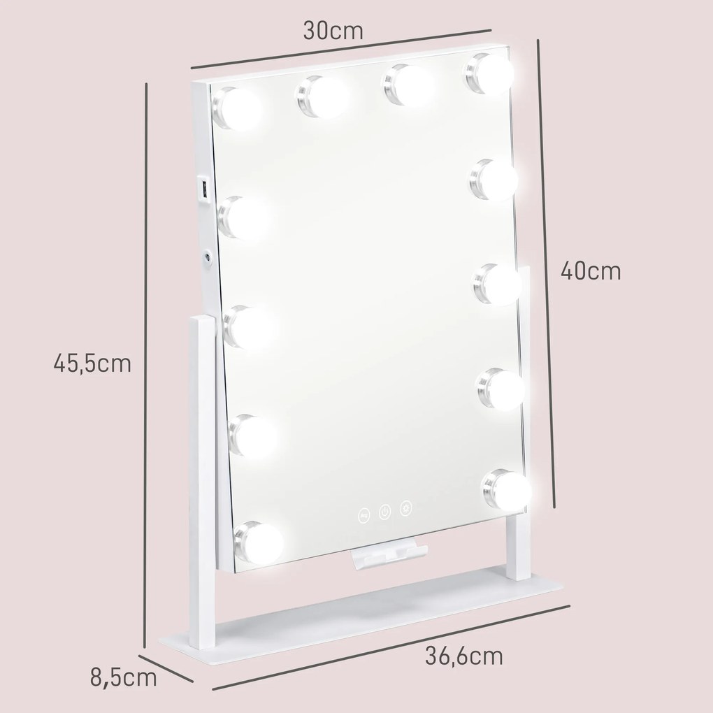 Espelho de Maquilhagem Estilo Hollywood com Luzes 12 Lâmpadas LED 3 Modos de Iluminação e Entrada USB 36,5x8,5x45,5 cm Branco