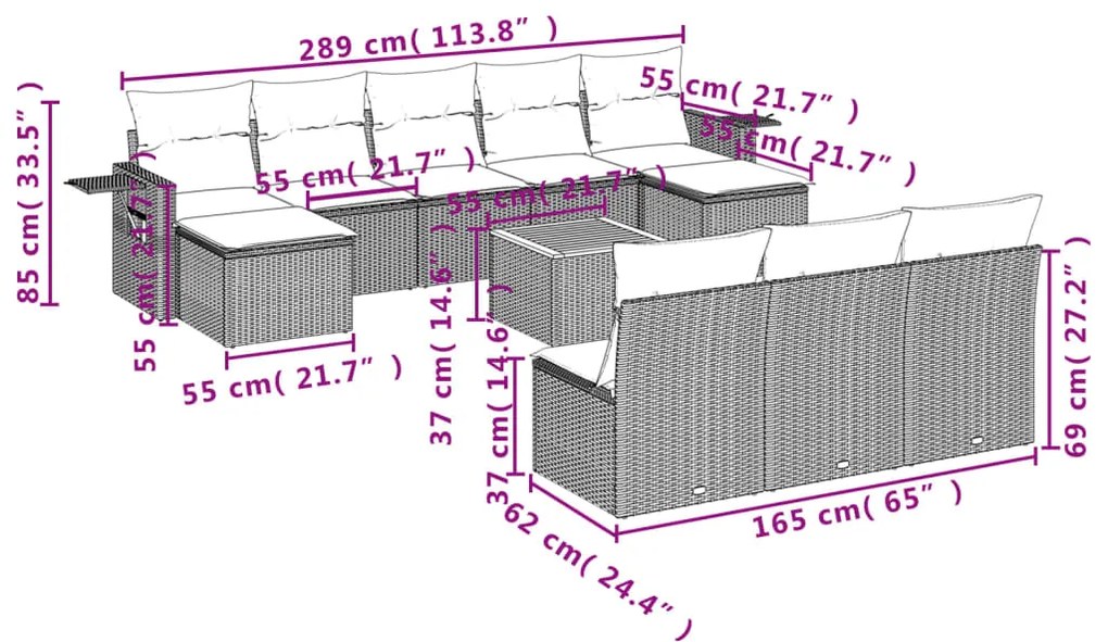 11 pcs conjunto sofás de jardim c/ almofadões vime PE cinzento