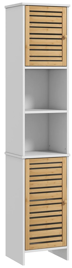 HOMCOM Coluna Casa de Banho Móvel Auxiliar Casa de Banho com Prateleiras Ajustáveis e Portas de Bambu 35x30x170 cm Branco e Madeira | Aosom Portugal