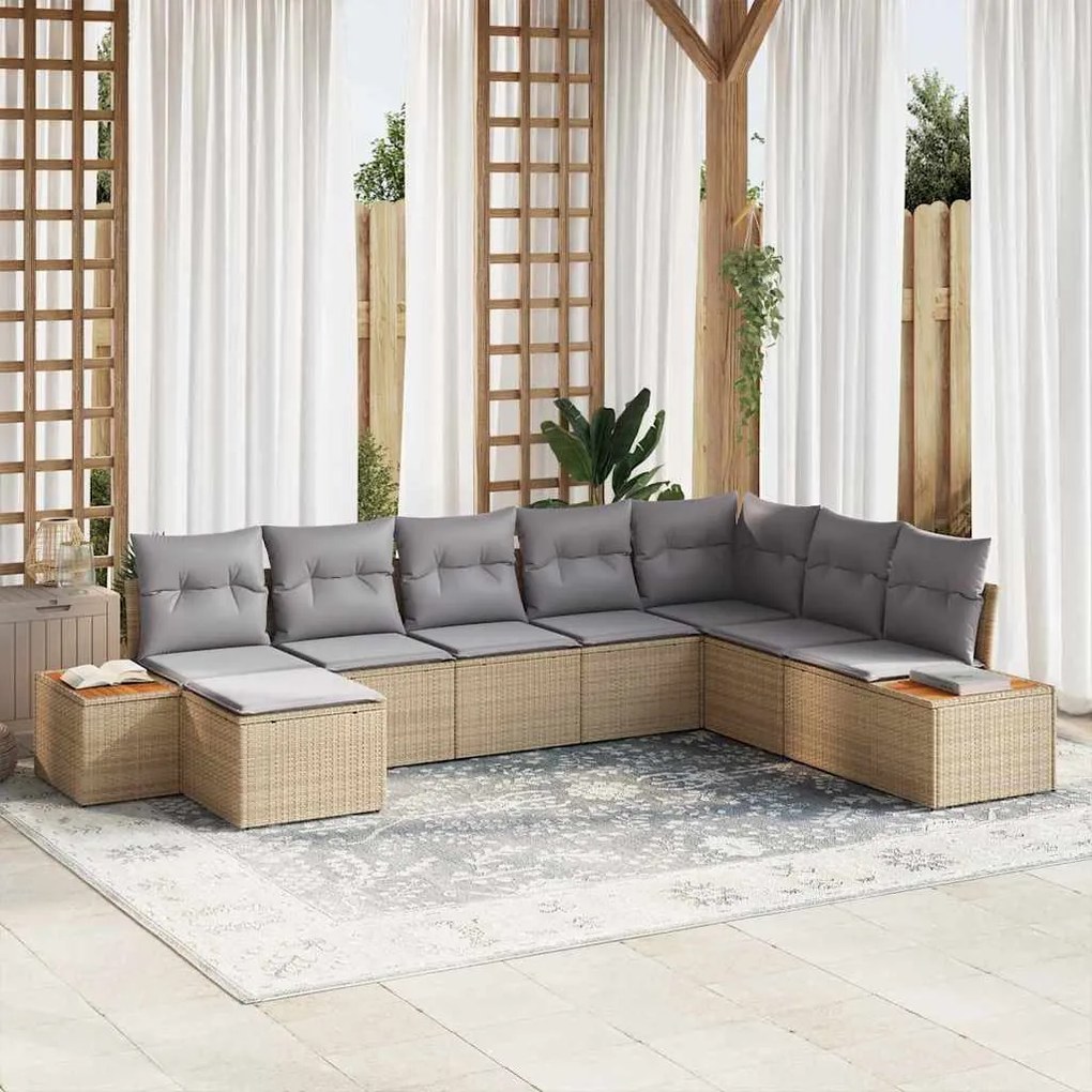Conjunto de Sofá de Jardim com 8 Peças e Almofadas em Rattan Poli Bege