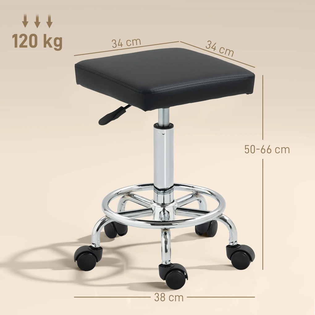 Banco Giratório com Rodas Altura Regulável 50-66 cm Assento Estofado em Imitação de Couro 34x34x50-66 cm Preto