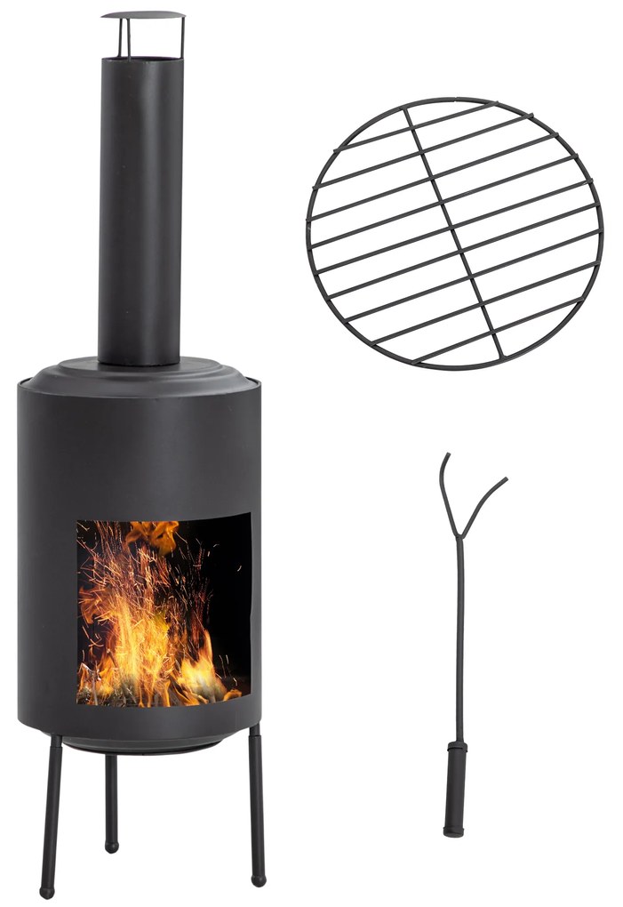 Outsunny Lareira de Jardim Braseiro Exterior de Metal com Atiçador e Chaminé para Fumaça para Varanda Campismo Ar Livre 30x30x105cm Preto