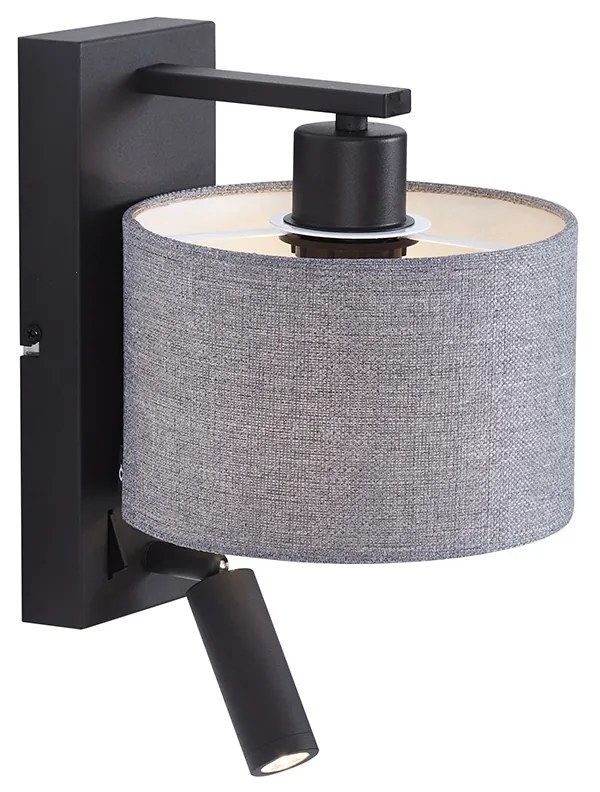 LED Candeeiro de parede moderno preto com redondo cinzento e luz de leitura - Puglia Moderno