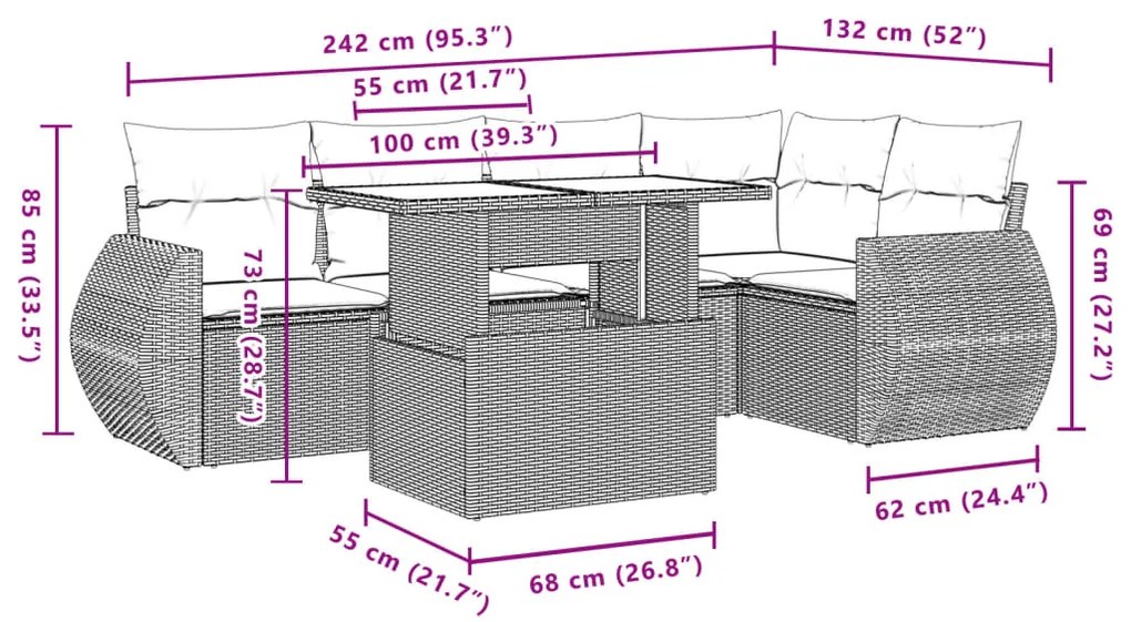 6 pcs conjunto de sofás jardim c/ almofadões vime PE castanho