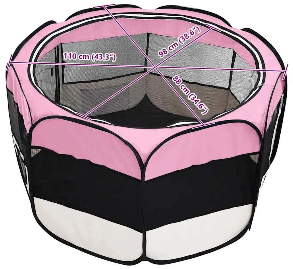 Parque dobrável p/ cão c/ saco de transporte 110x110x58cm rosa