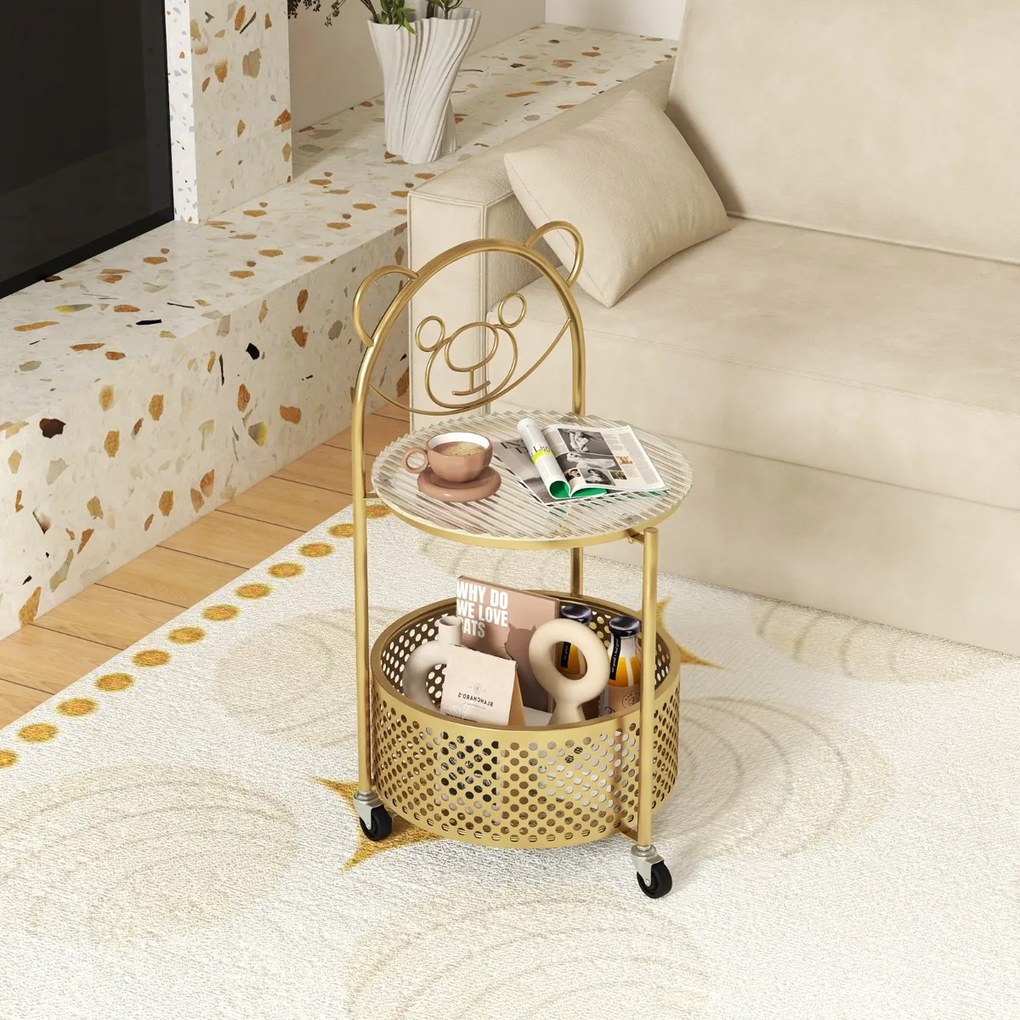 Mesa de centro de vidro móvel Mesa apoio ou cabeçeira de 2 níveis com padrão de urso Cesto de arrumação Estrutura metálica Mesa lateral moderna Dourad