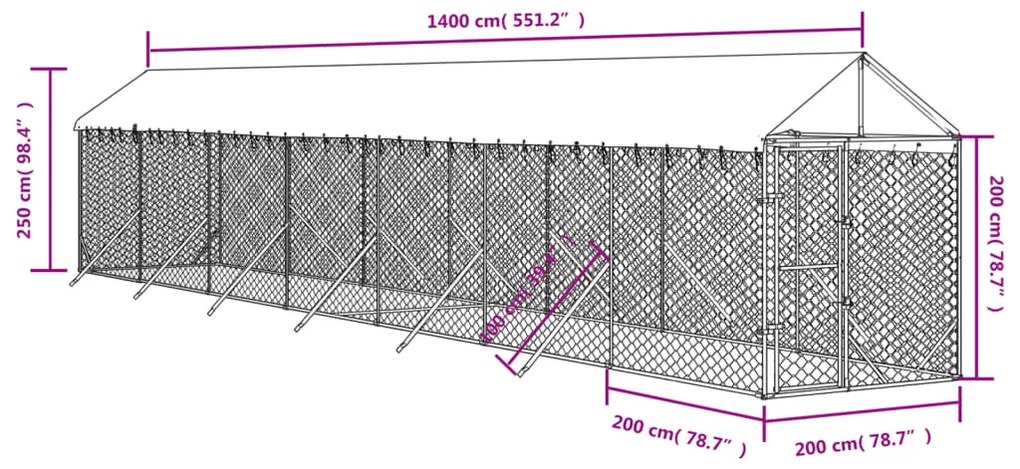 Canil de exterior com teto 2x14x2,5 m aço galvanizado prateado