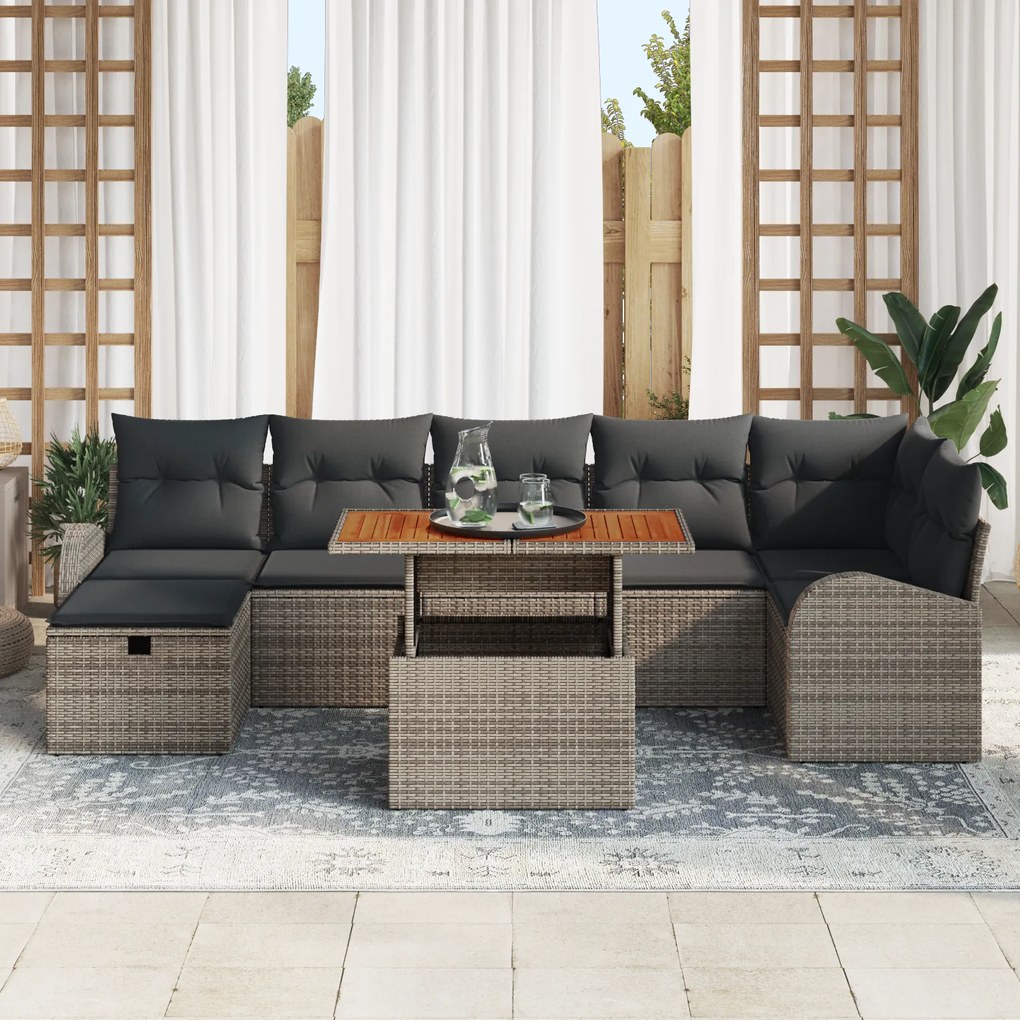 Conjunto de Sofá de Jardim de 8 Peças com Almofadas Cinza Rattan Polié