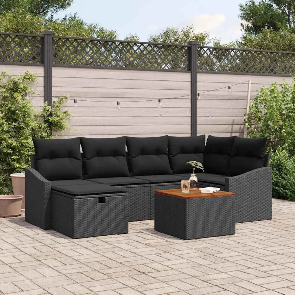 vidaXL Conjunto de Sofá de Jardim com almofada 7 pcs Preto vime PE