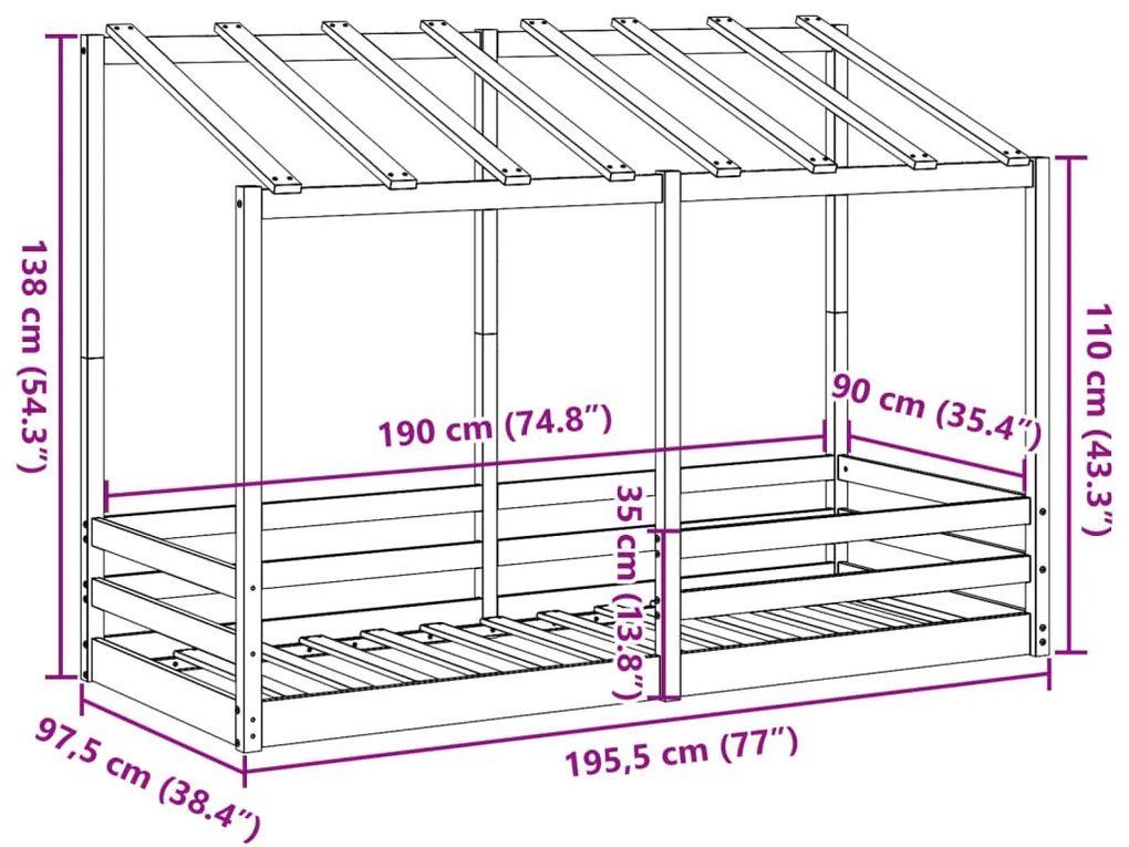 Cama infantil c/ telhado 90x190 cm pinho maciço castanho-mel