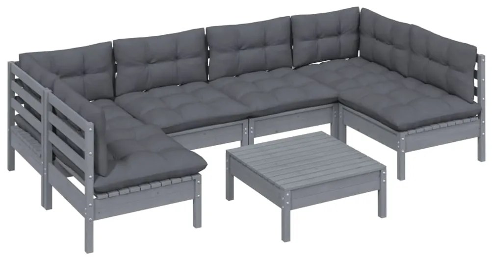 7 pcs conjunto lounge de jardim + almofadões pinho maciço cinza