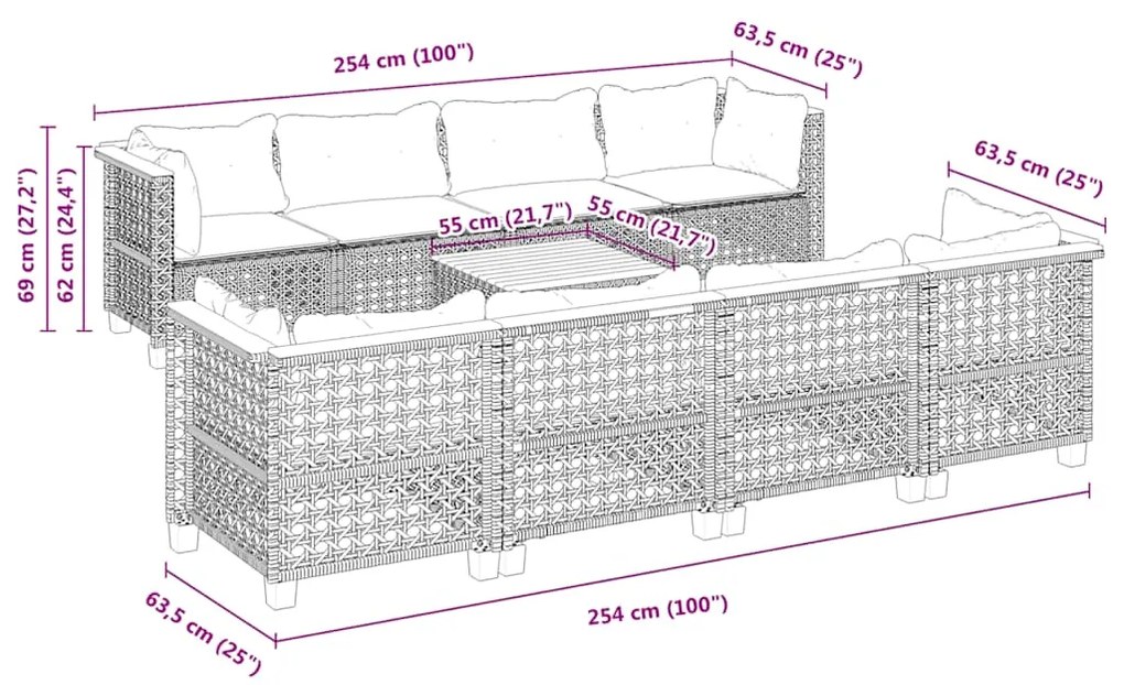 9 pcs conjunto de sofás p/ jardim com almofadões vime PE bege