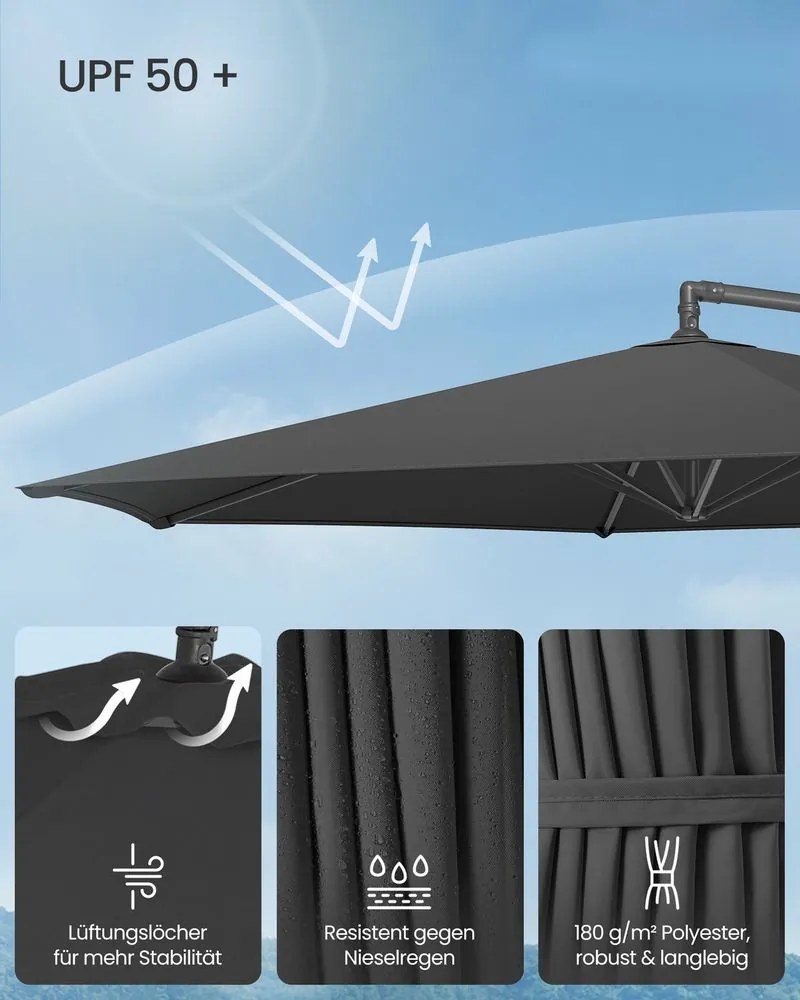 Guarda-sol de 350 cm com manivela para abrir e fechar com base cruzada, cinzento