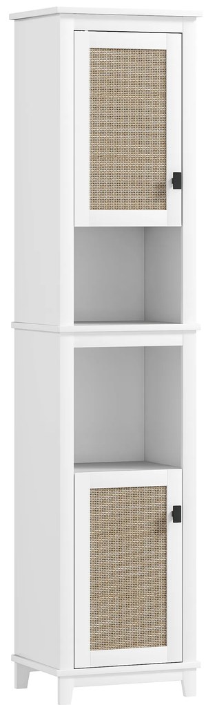 HOMCOM Armário Casa de Banho com Prateleira Ajustável 2 Portas em Vime e 2 Compartimentos Estilo Boho 40x30x167,5 cm Branco | Aosom Portugal