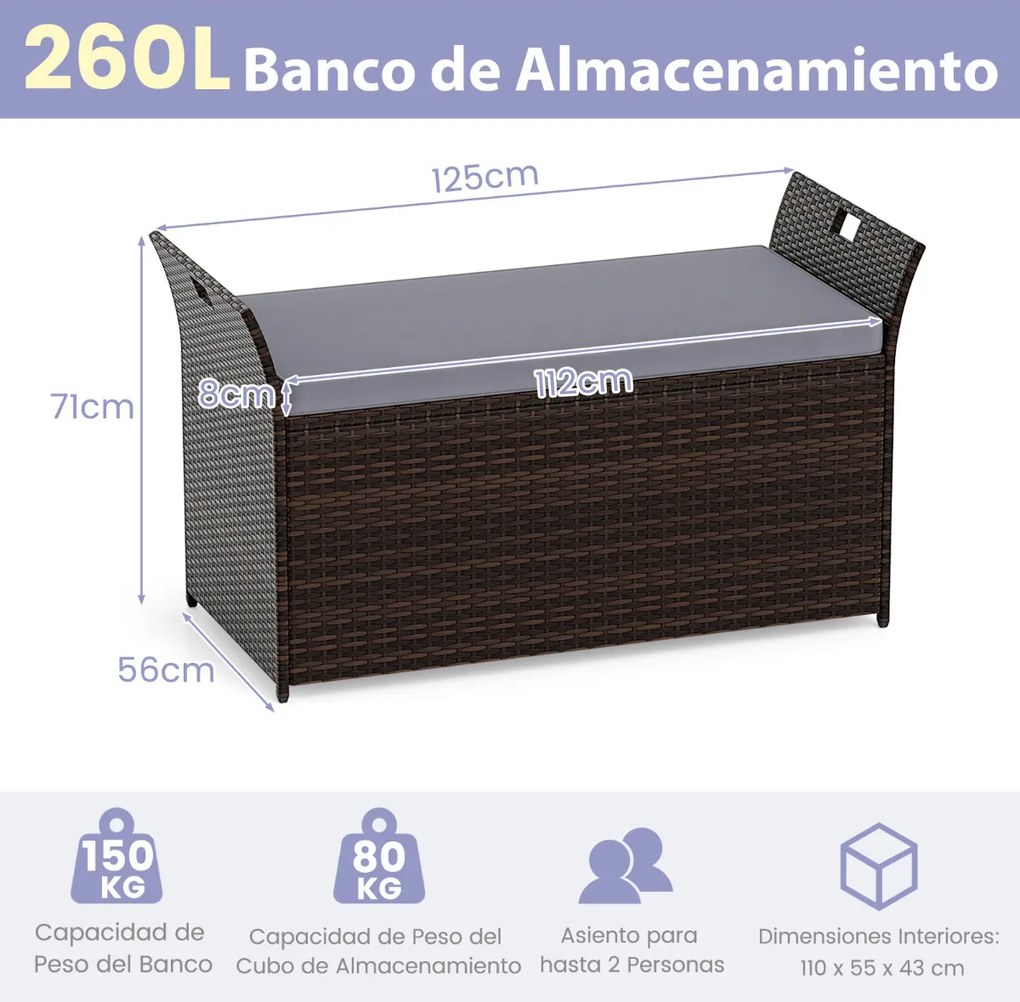 Banco jardim com arrumação para exterior com almofada de rattan PE e pegas laterais para 2 pessoas Caixa de piscina Terraço Jardim Castanho Rústico +