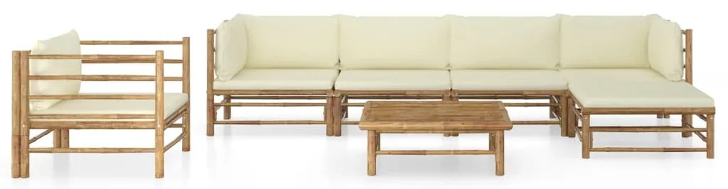 7 pcs conj. lounge p/ jardim em bambu c/ almofadões branco nata