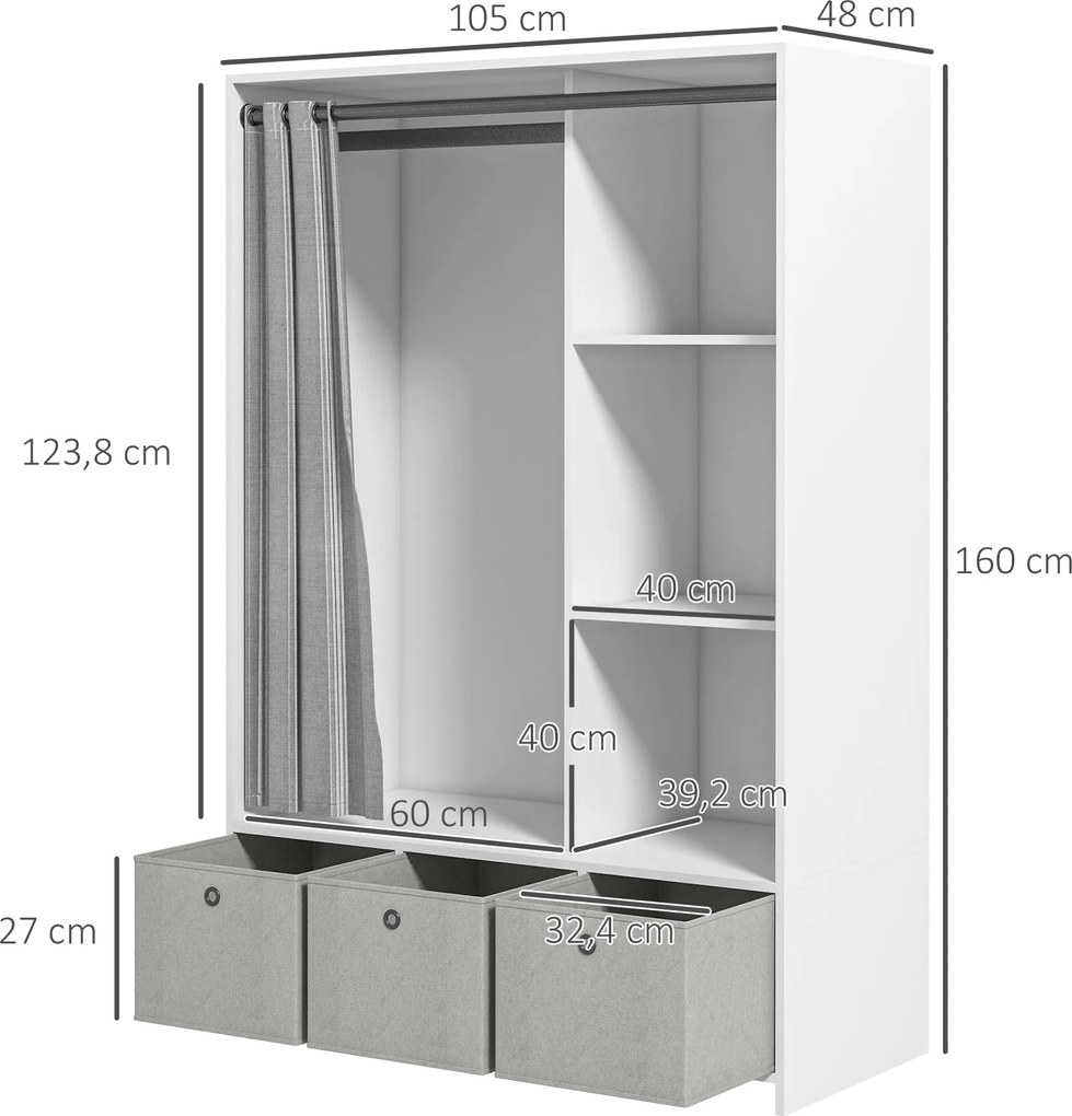 Guarda-roupa com varão para cortinas e 3 gavetas de tecido removíveis, 105 x 48 x 160 cm, branco