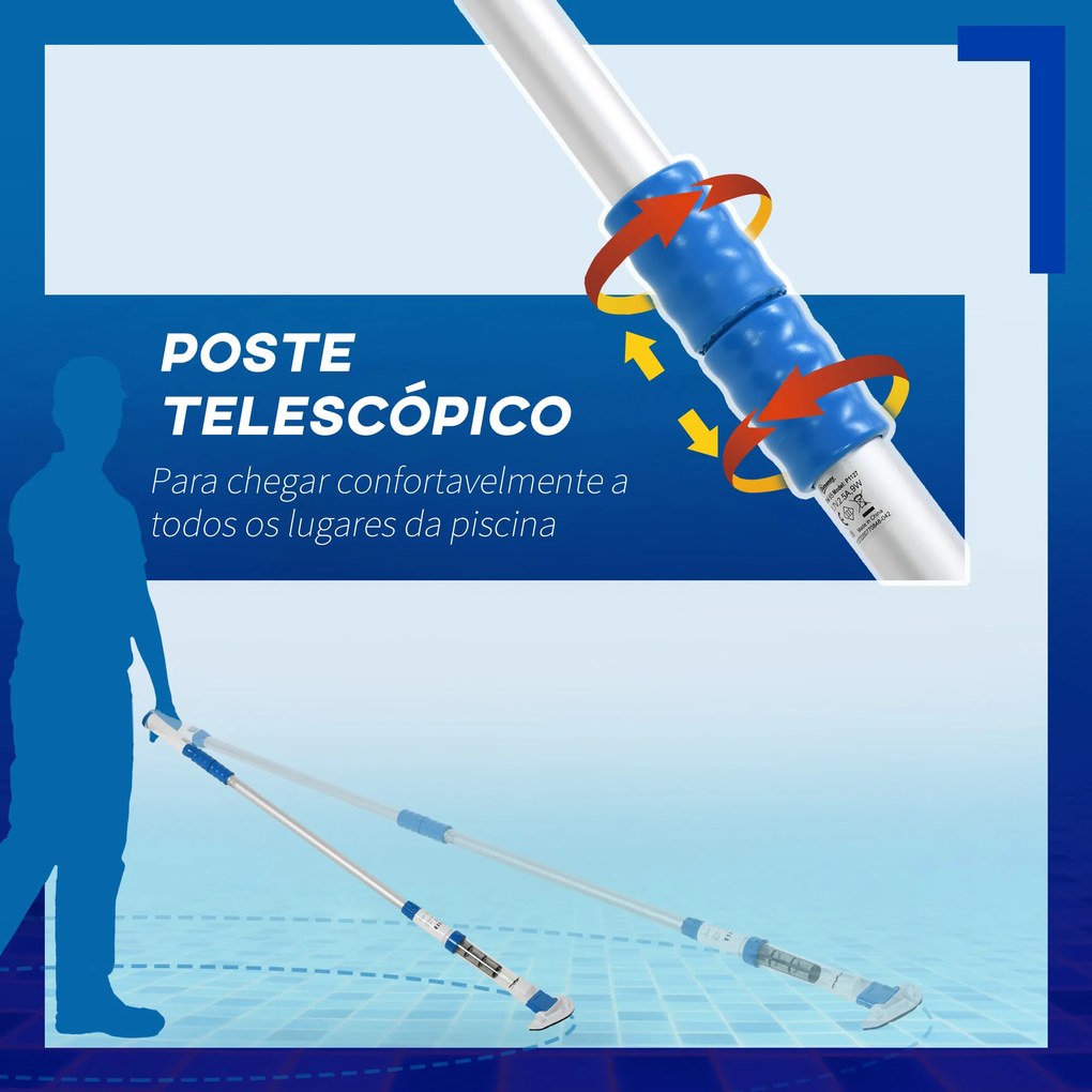 Aspirador Limpador para Piscina Aspirador para Piscina Elétrico Autonomia 45 Minutos com Poste Telescópico 150-210cm Escova e 2 Rodas para Piscinas