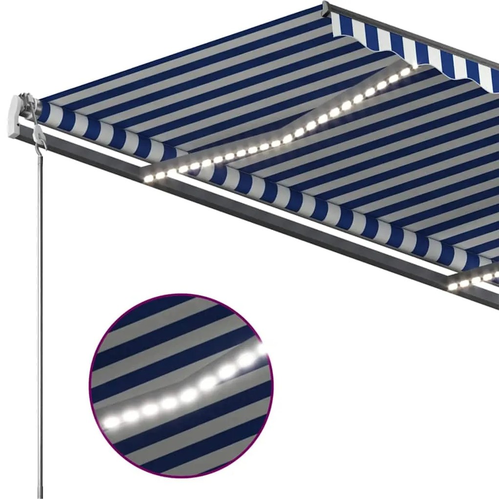 Toldo retrátil manual com LED 450x300 cm azul e branco