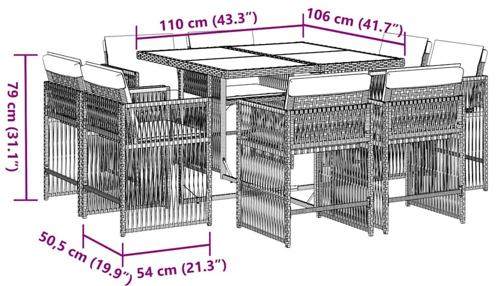 9 pcs conjunto de jantar p/ jardim c/ almofadões vime PE preto