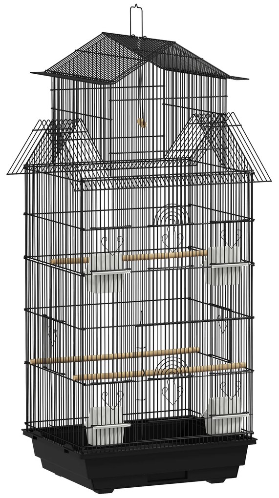 PawHut Gaiola de Metal para Pássaros com Bandeja Amovível 4 Comedouros 3 Poleiros e 1 Baloiço 50,5x41x104 cm Preto