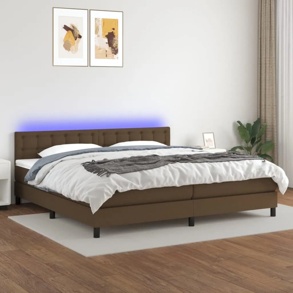 Cama box spring c/ colchão/LED 200x200cm tecido castanho-escuro