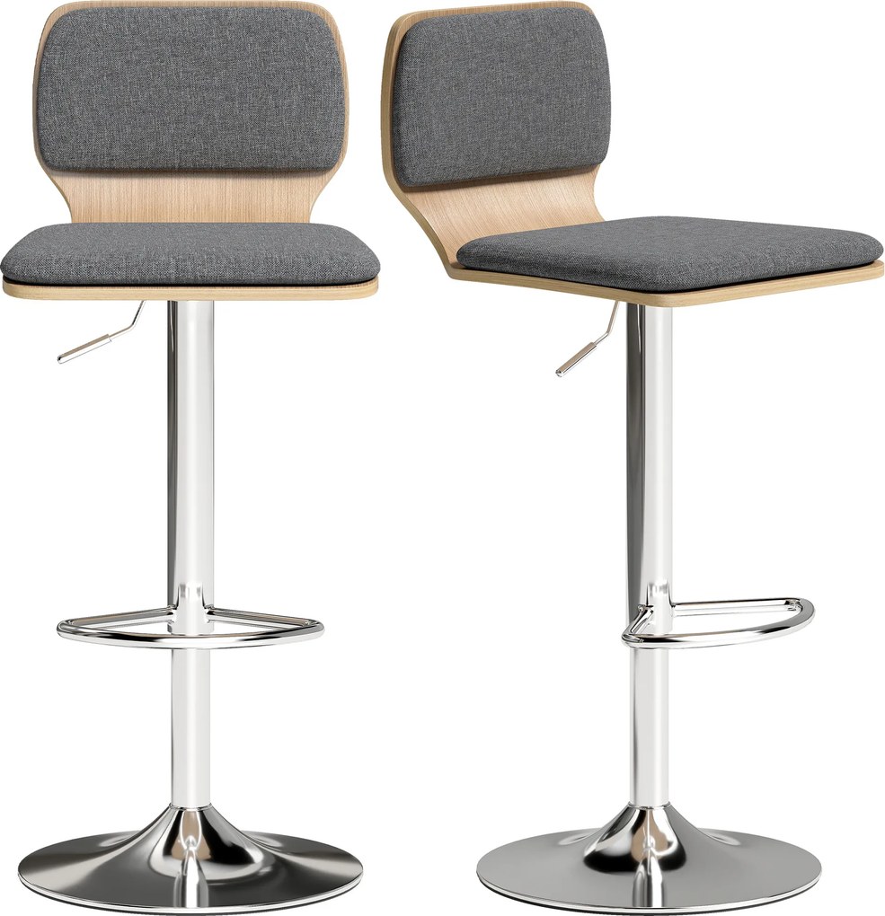 Conjunto de 2 bancos de bar, com altura ajustável, encosto e apoio para os pés, giratórios a 360°, 41 x 47,5 x 81-102 cm, cinzento