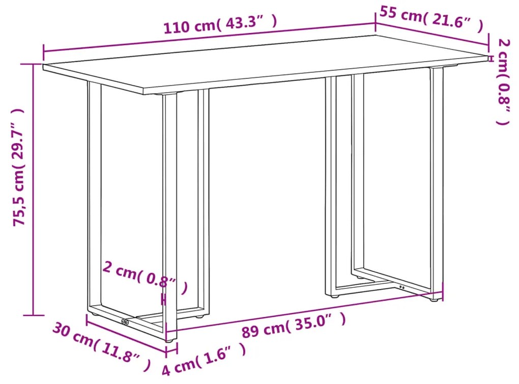 Mesa de jantar 110x55x75,5 cm madeira de mangueira maciça