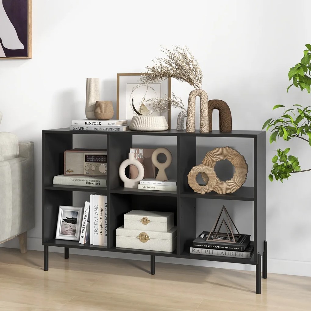 Estante com 6 cubos de madeira de 2 níveis 120 x 35 x 79,5 cm com pés de metal ajustáveis em 5 posições Preto