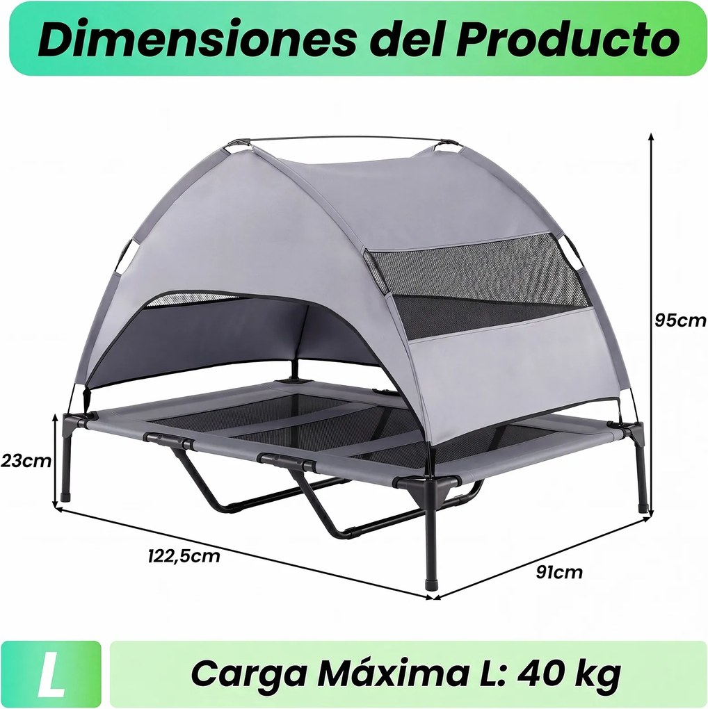 Cama Elevada para Cães com Dossel, 122,5 x 91 x 95 cm, Dossel Removível, Cinzento