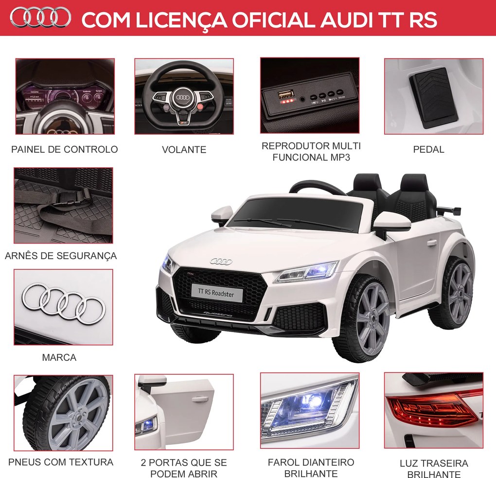 Carro Elétrico Audi TT para Crianças acima de 3-5 anos com Controlo Remoto Música e Luzes Bateria 12V 102x60x44 cm Branco