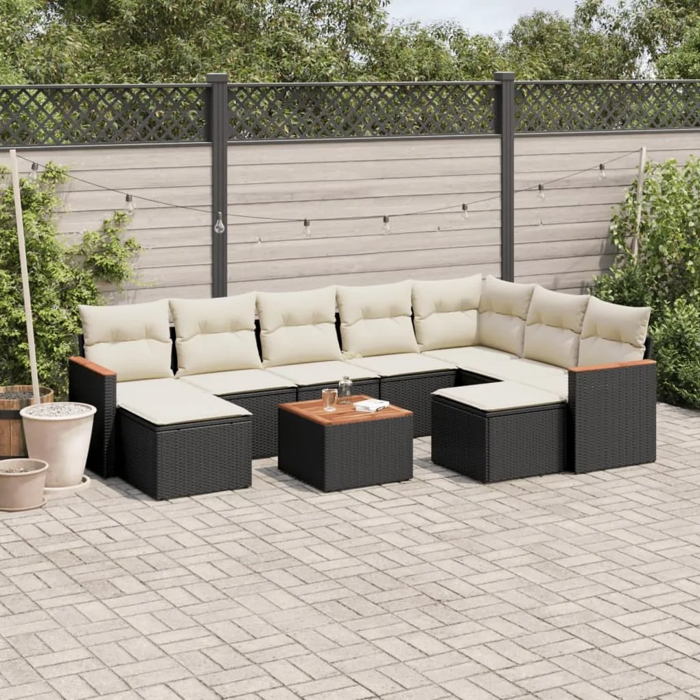 10 pcs conjunto sofás de jardim c/ almofadões vime PE preto