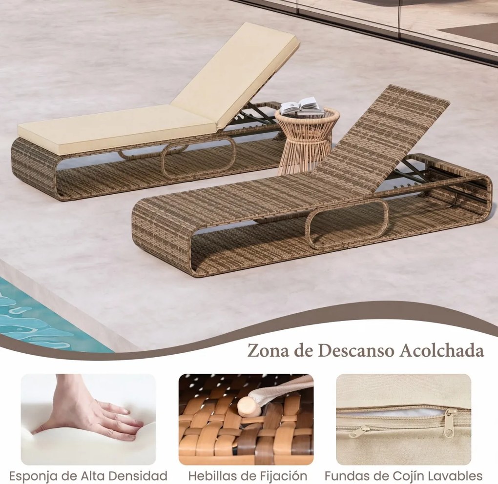 Espreguiçadeira de Jardim 185 x 65 x 26 cm om encosto ajustável, almofada e espaço de arrumação para piscina, pátio e jardim Cor do rattan PE: Castanh