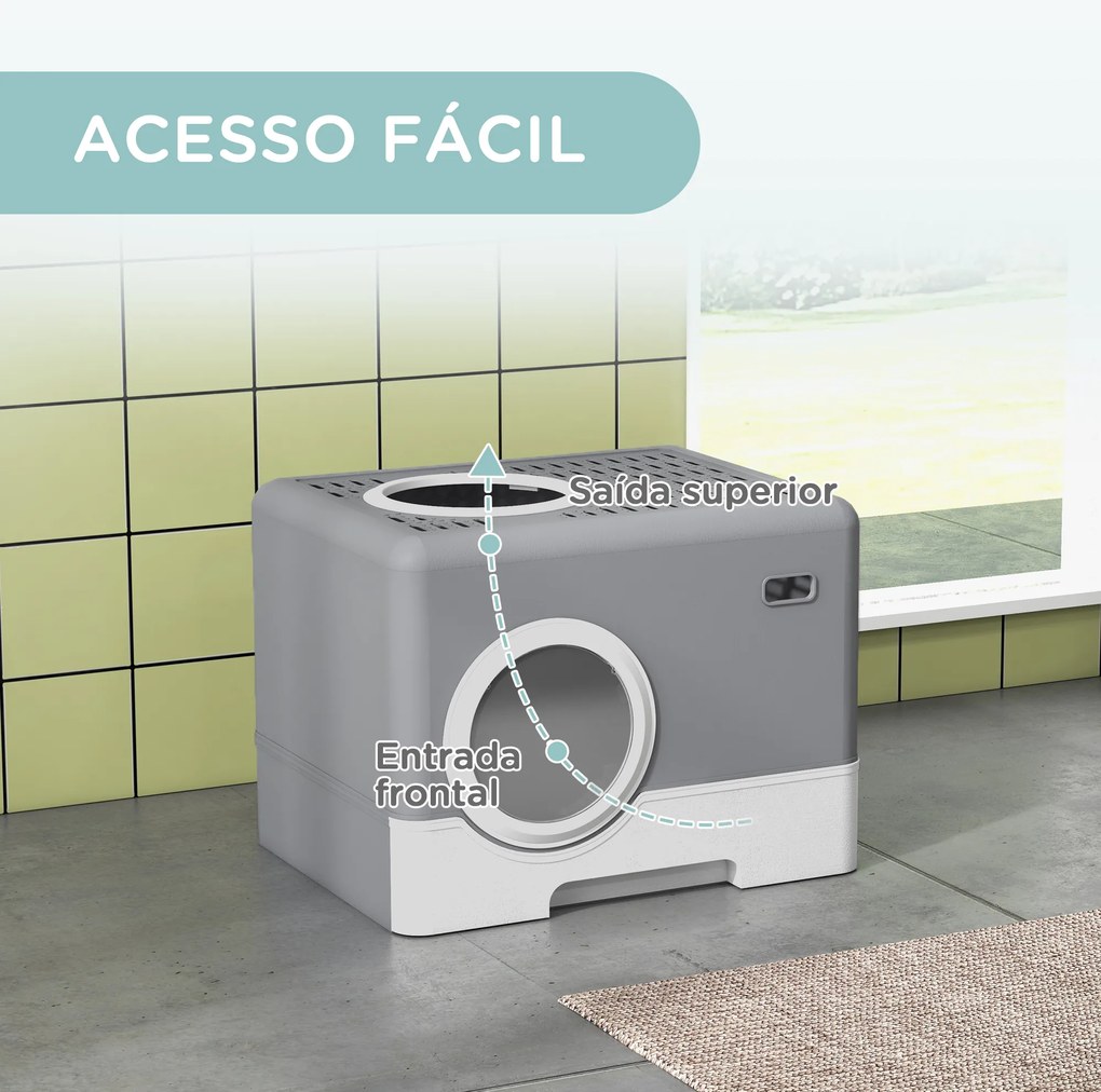Caixa de Areia para Gatos com Pá Bandeja Removível 2 Portas Entrada Frontal e Saída Superior 52x41x38,5 cm Cinzento