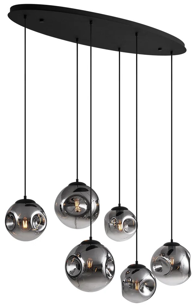 Candeeiro de Suspensão Art Déco Preto com Placa de Teto Oval e Vidro Fumado 6 Luzes - Douglass