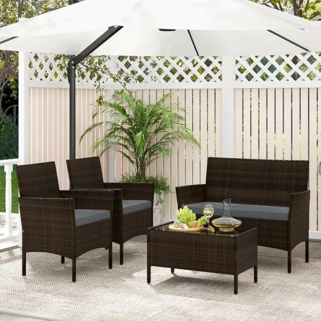 Conjunto de jardim, 4 peças: mobiliário de exterior com cadeira, sofá de 2 lugares e mesa de vidro temperado Castanho misto e almofadas Cinzentas