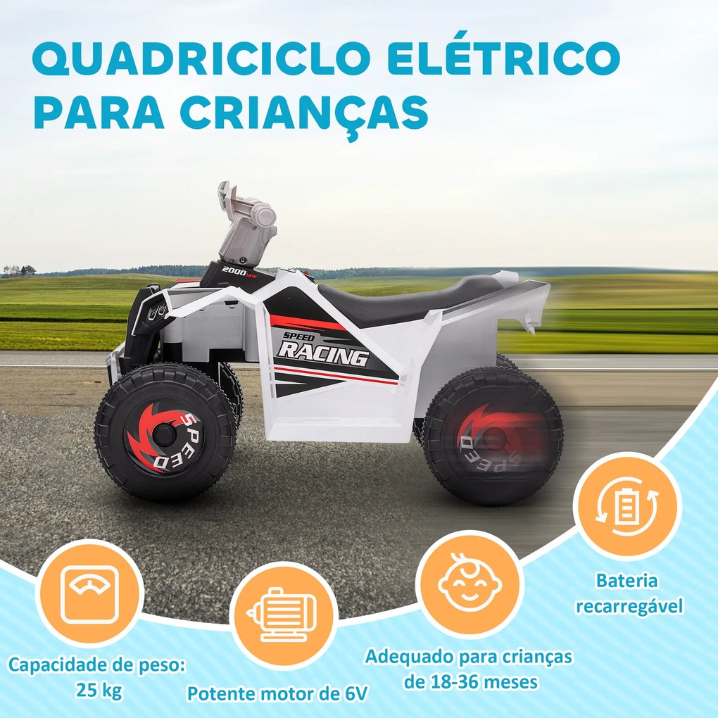 Moto 4 Elétrica para Crianças Veículo Elétrico a Bateria de 6V com Velocidade de 2,5 km/h 70x41,5x48,5 cm Branca