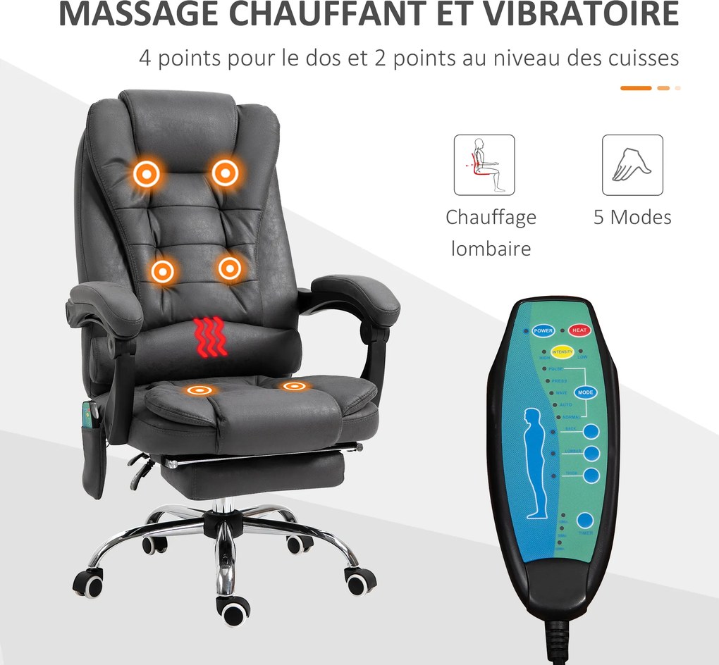 Cadeira de escritório com massagem e aquecimento, altura ajustável, encosto reclinável, apoio para os pés e almofada lombar integrada cinzento escuro