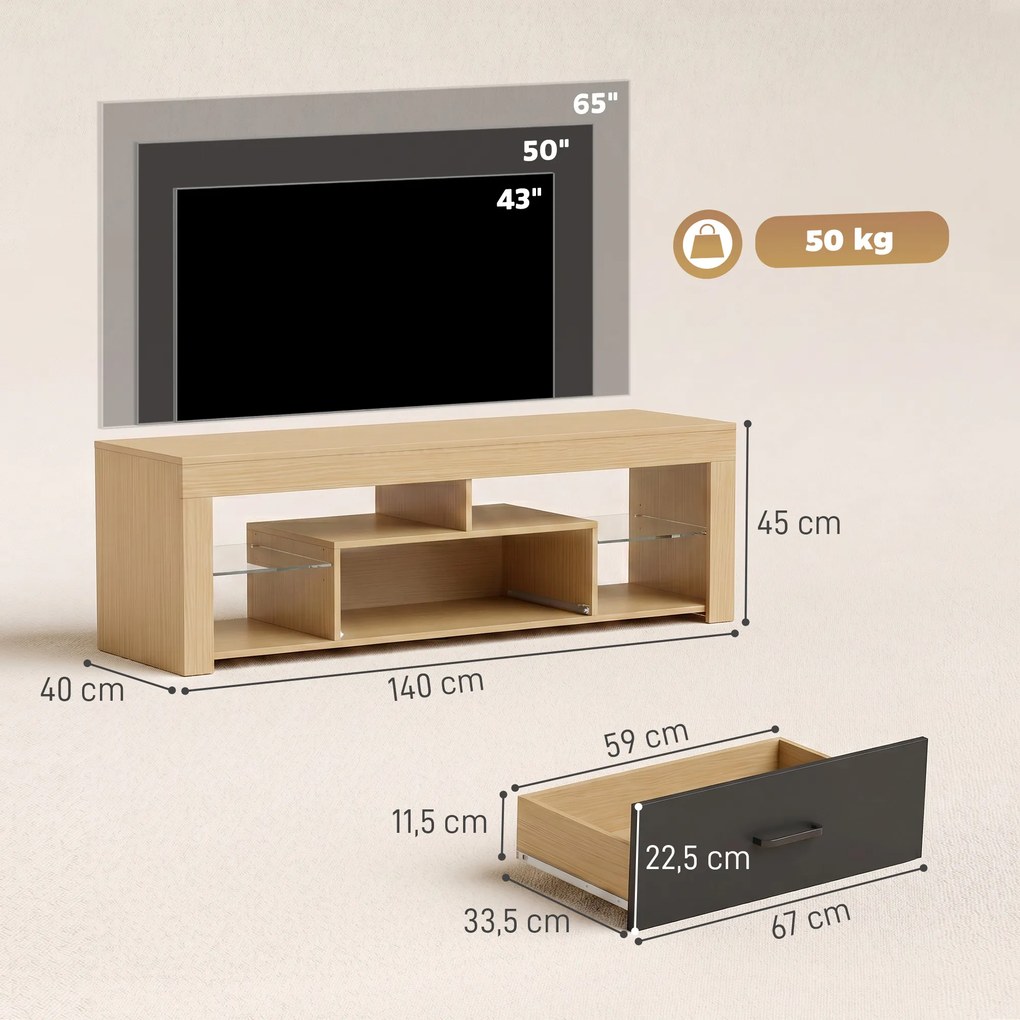 Móvel de TV 140 x 40 x 45 cm, móvel para televisor de 65 polegadas com prateleiras de vidro ajustáveis, gaveta e compartimentos abertos, cor carvalho