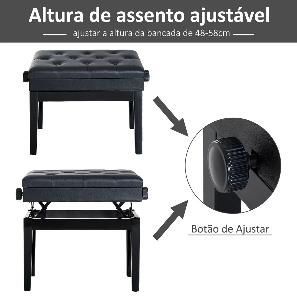 Banco de Piano – Altura Ajustável – 54,5x33x48-58 cm – Preto – Com Esp