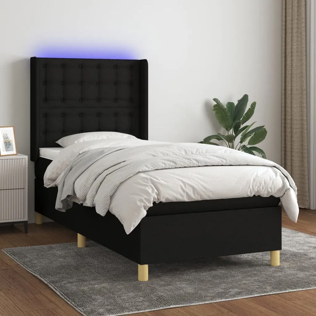 Cama box spring c/ colchão e LED 90x190 cm tecido preto