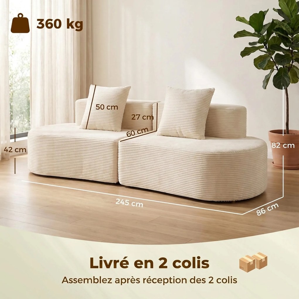 Sofá Curvo de 3 Lugares, 245 x 86 x 82 cm, Design Modular, Creme