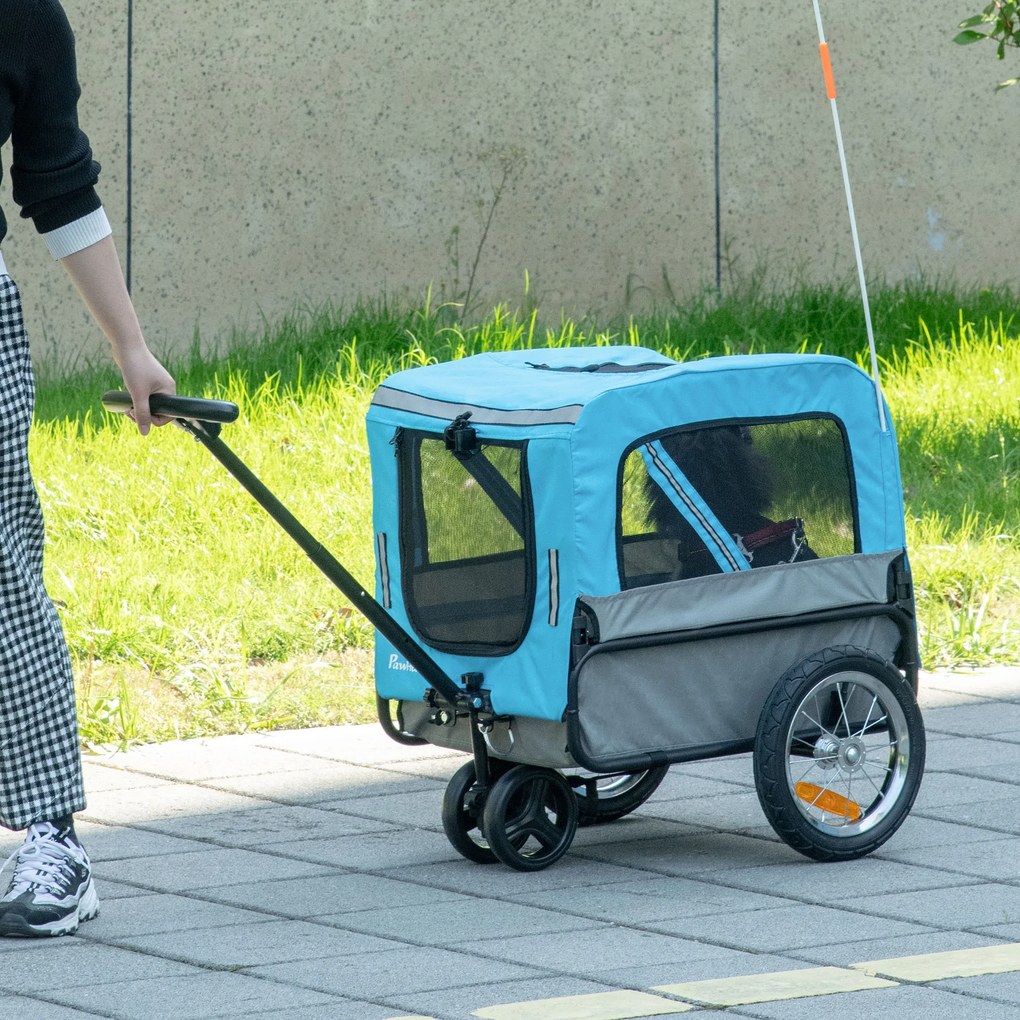 Reboque de Bicicleta para Cães 2 em 1 Carrinho para Animais de Estimação com Cinto de Segurança Guiador de Empurre Removível Bandeira e Refletores Car