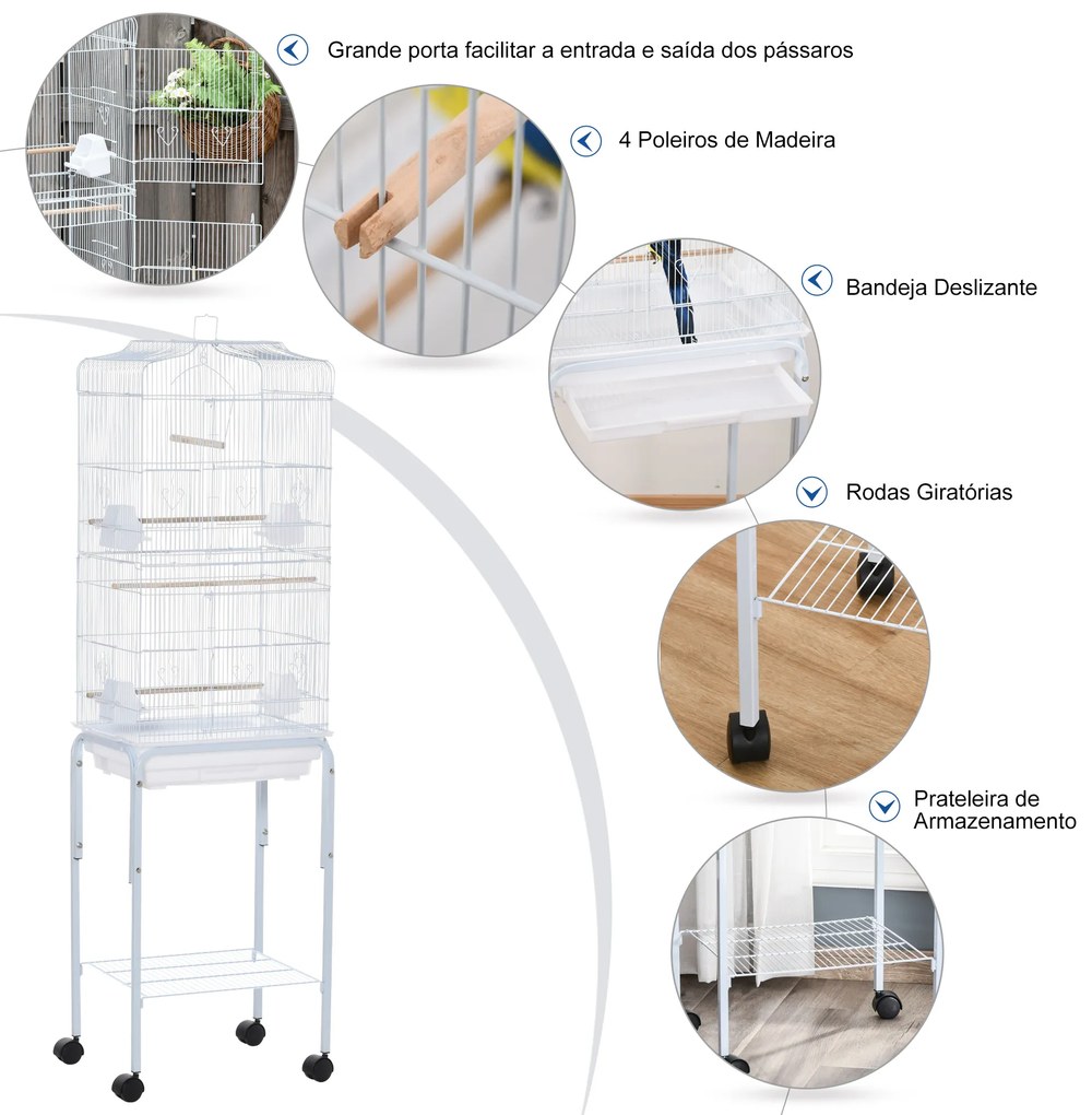 Gaiola para Passáros com Suporte Gaiola Metálica de Aves Canários com 4 Rodas Portas 4 Comedouros 3 Poleiros Bandeja Removível e Prateleira Inferior 4